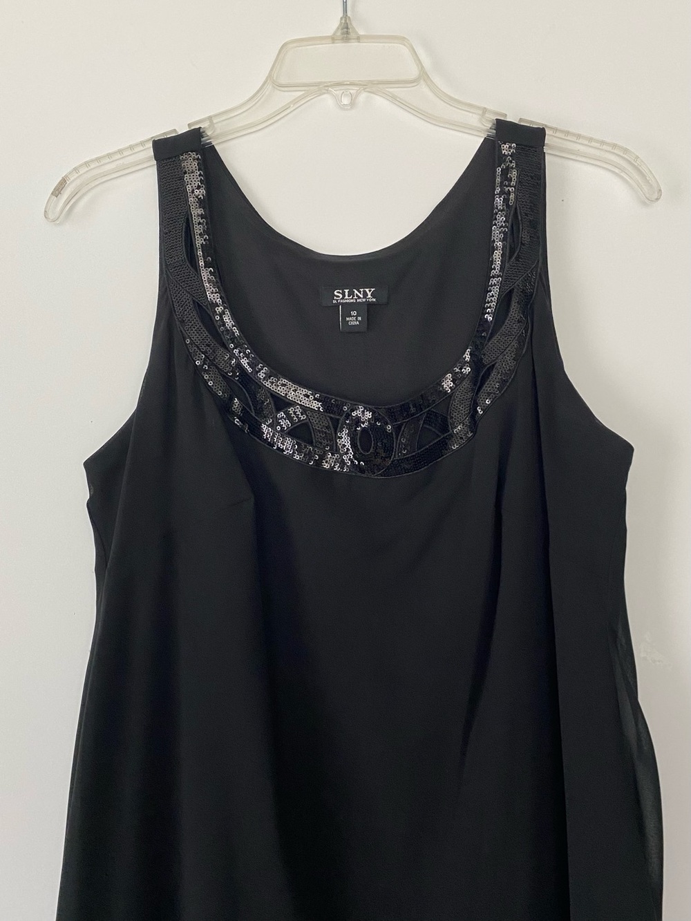 SLNY Black Sleeveless Beaded Layered Midi Dress